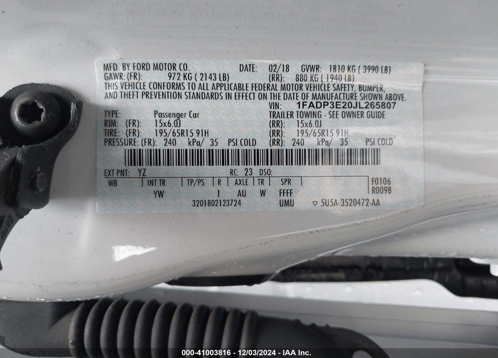 2018 FORD FOCUS S VIN: 1FADP3E20JL265807