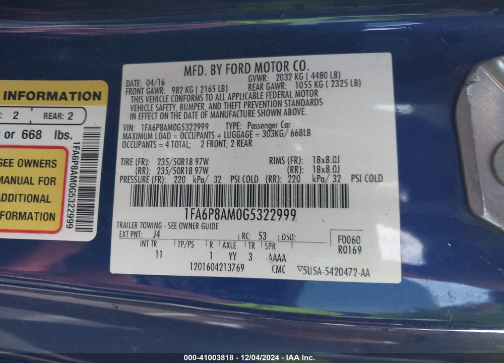 2016 FORD MUSTANG VIN: 1FA6P8AM0G5322999