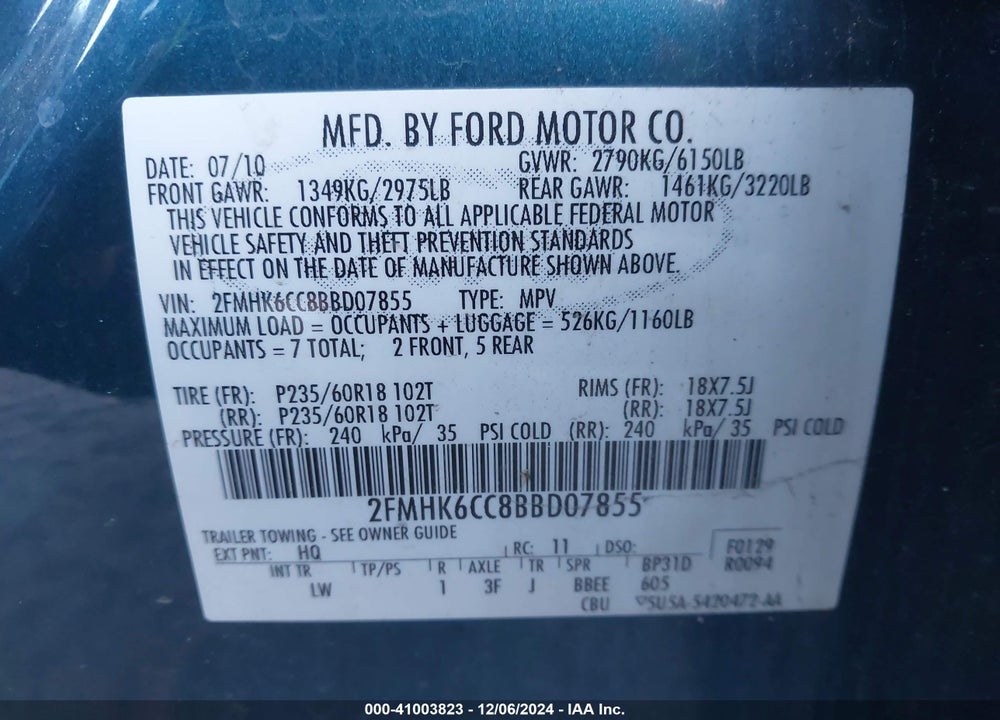 2011 FORD FLEX SEL VIN: 2FMHK6CC8BBD07855