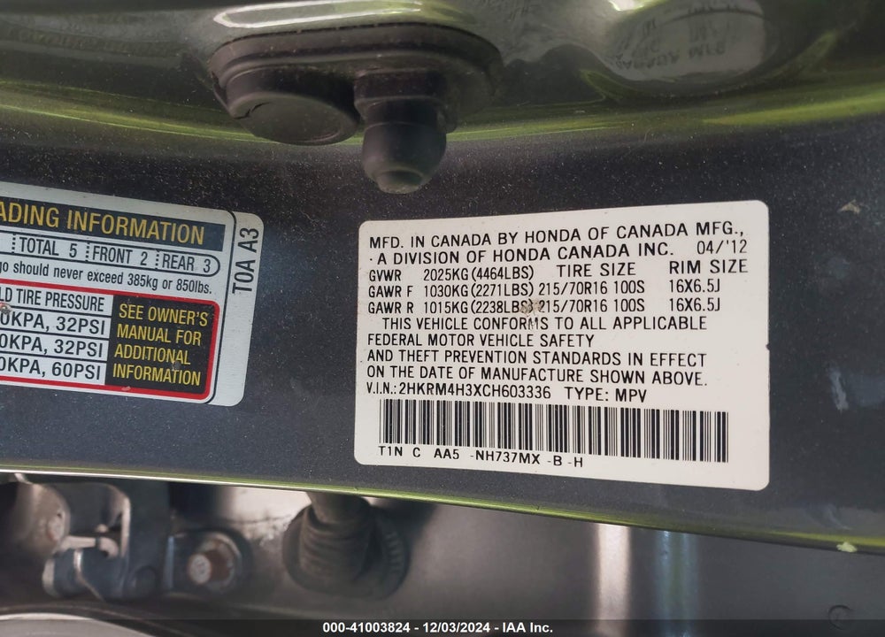 2012 HONDA CR-V LX VIN: 2HKRM4H3XCH603336
