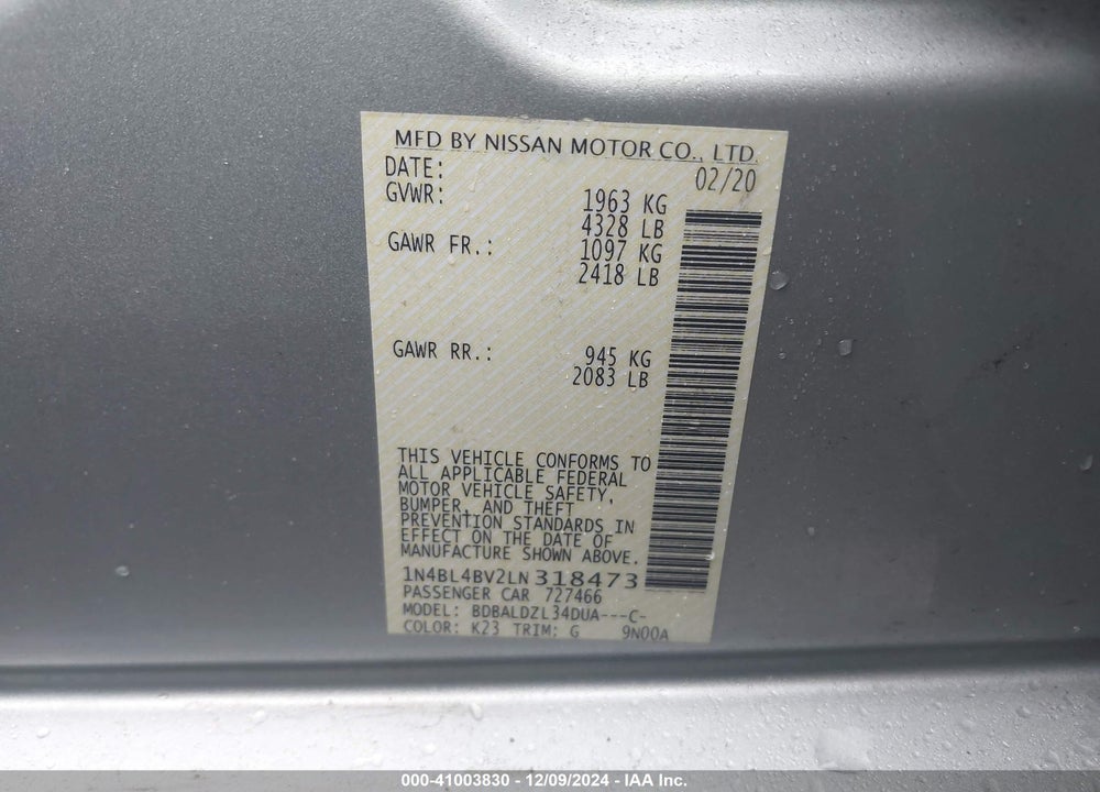 2020 NISSAN ALTIMA S FWD VIN: 1N4BL4BV2LN318473