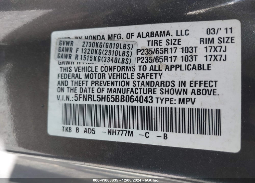 2011 HONDA ODYSSEY EX-L VIN: 5FNRL5H65BB064043