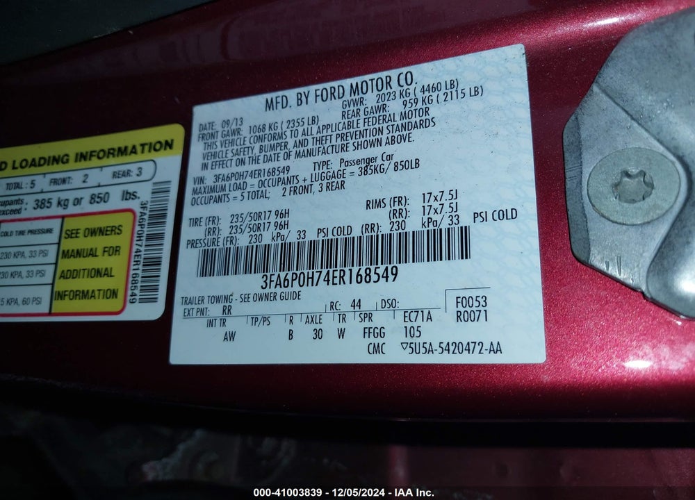 2014 FORD FUSION SE VIN: 3FA6P0H74ER168549