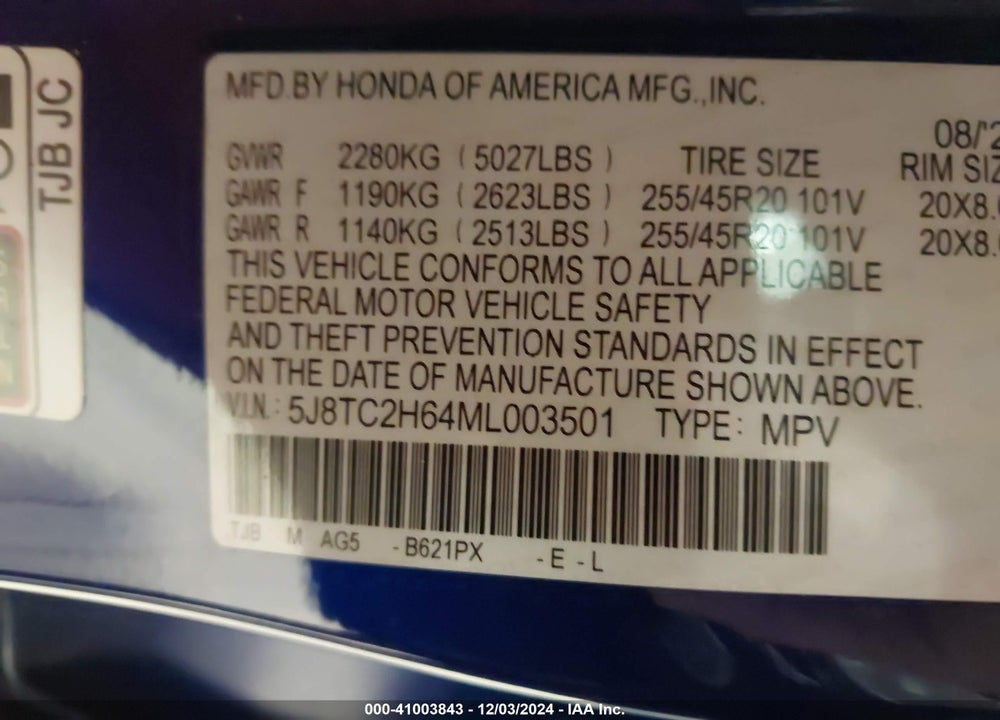 2021 ACURA RDX A-SPEC PACKAGE VIN: 5J8TC2H64ML003501