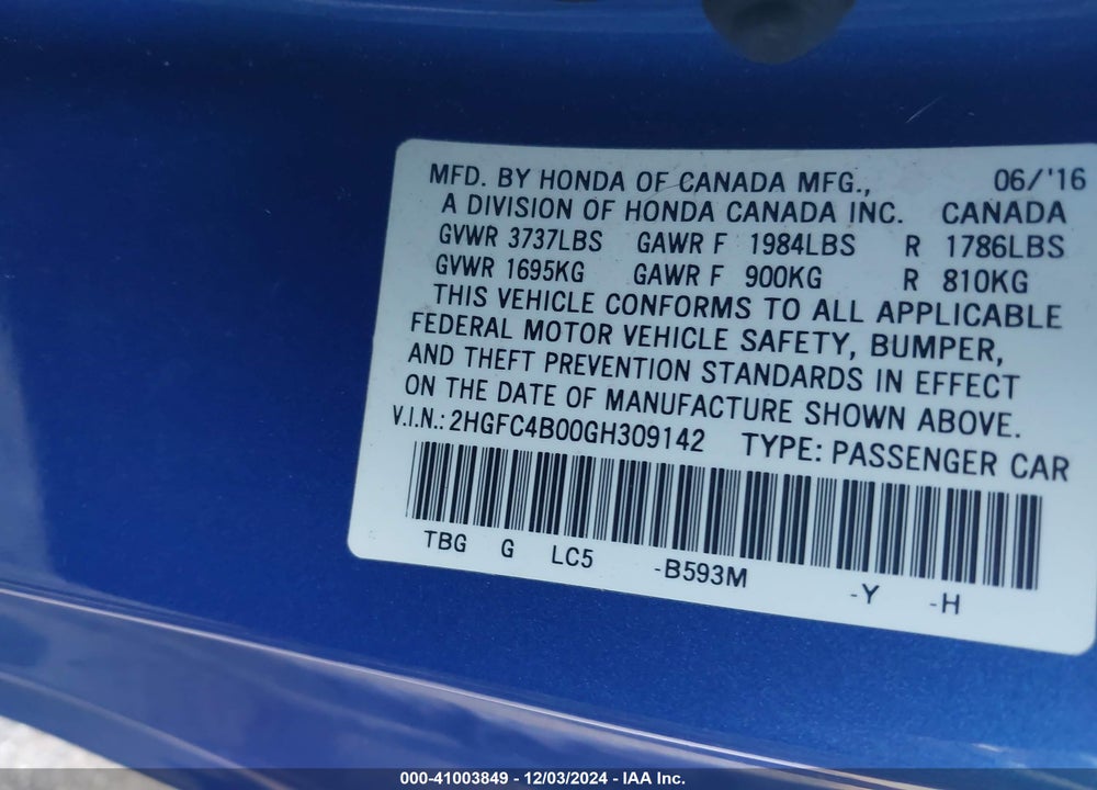 2016 HONDA CIVIC LX-P VIN: 2HGFC4B00GH309142