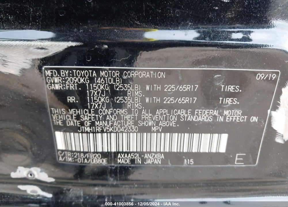 2019 TOYOTA RAV4 VIN: JTMH1RFV5KD042330