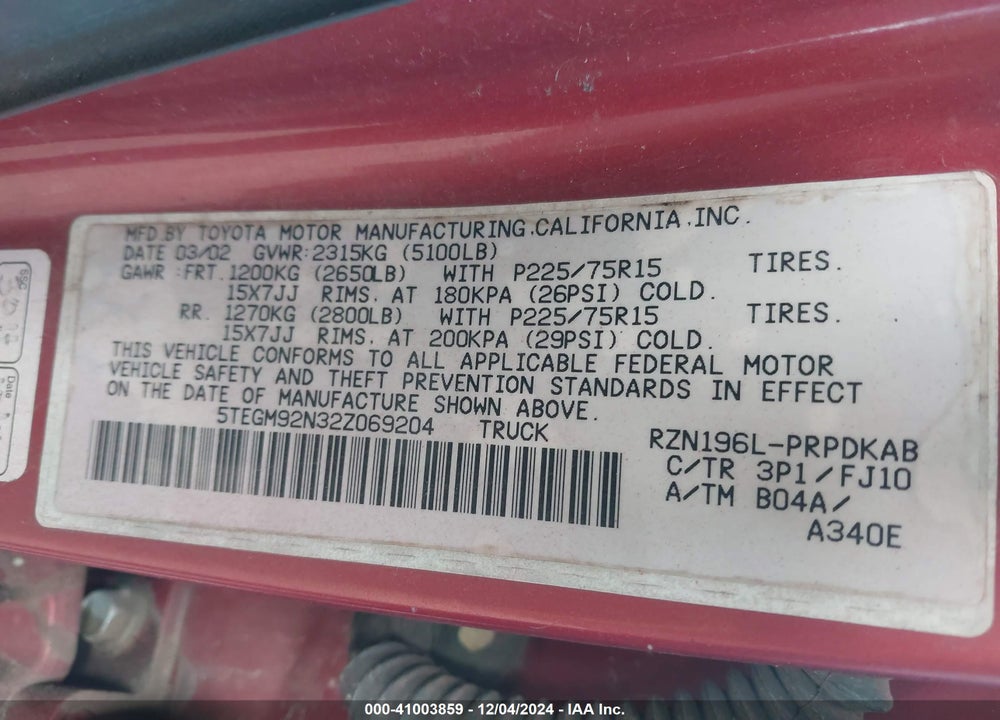 2002 TOYOTA TACOMA PRERUNNER VIN: 5TEGM92N32Z069204