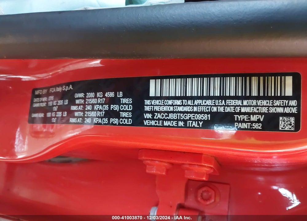 2016 JEEP RENEGADE LATITUDE VIN: ZACCJBBT5GPE09581