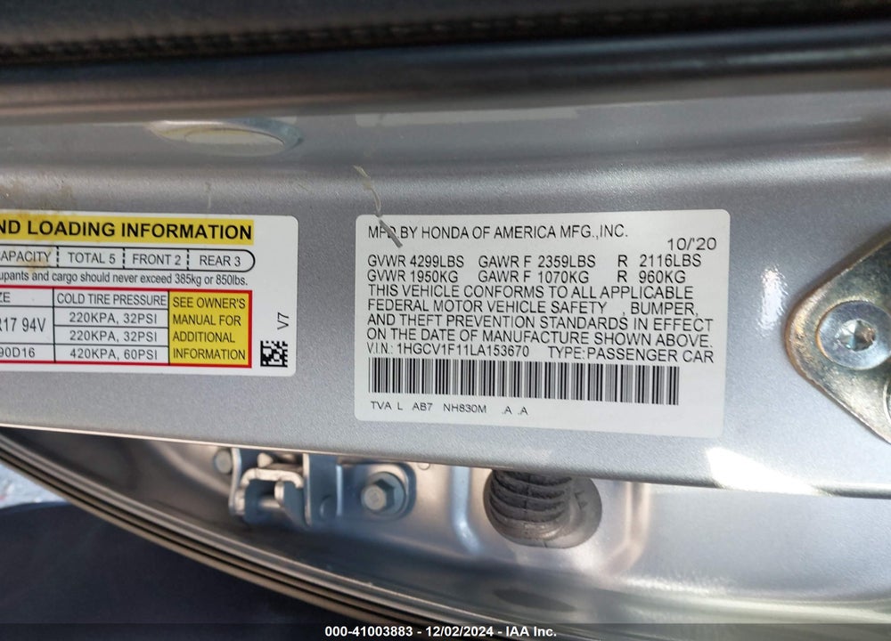 2020 HONDA ACCORD LX VIN: 1HGCV1F11LA153670