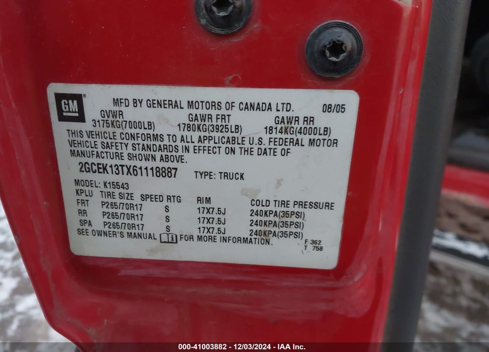 2006 CHEVROLET SILVERADO 1500 VIN: 2GCEK13TX61118887