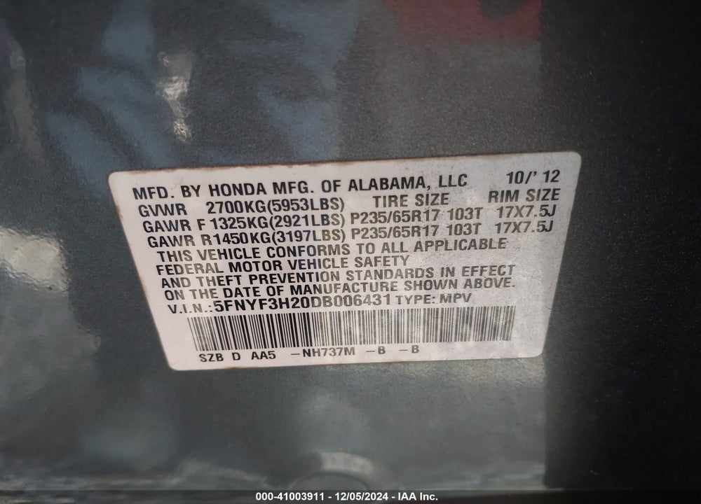 2013 HONDA PILOT LX VIN: 5FNYF3H20DB006431