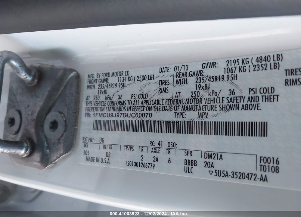 2013 FORD ESCAPE TITANIUM VIN: 1FMCU9J97DUC60070