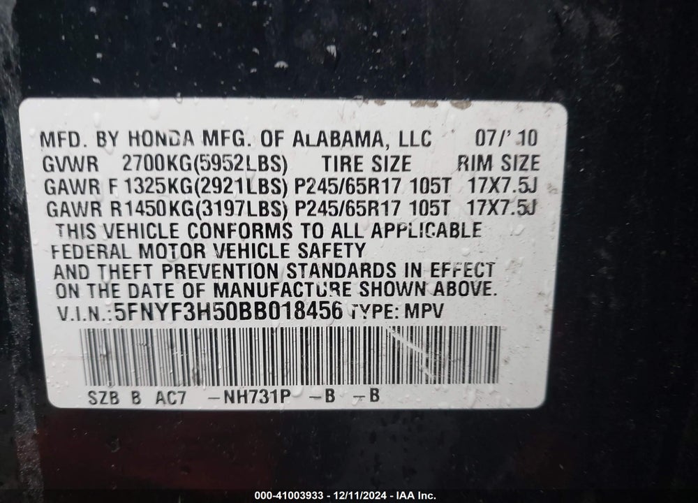 2011 HONDA PILOT EX-L VIN: 5FNYF3H50BB018456