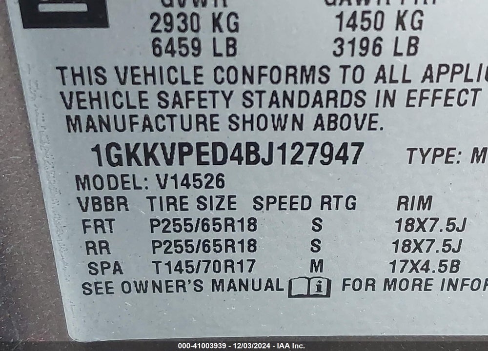 2011 GMC ACADIA SLE VIN: 1GKKVPED4BJ127947