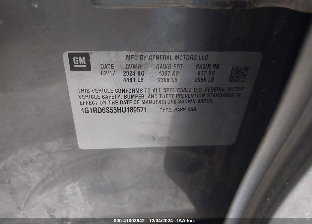 2017 CHEVROLET VOLT VIN: 1G1RD6S53HU189571