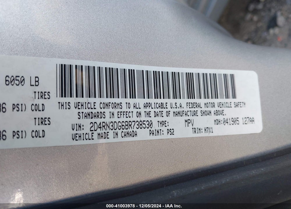 2011 DODGE GRAND CARAVAN MAINSTREET VIN: 2D4RN3DG6BR738530