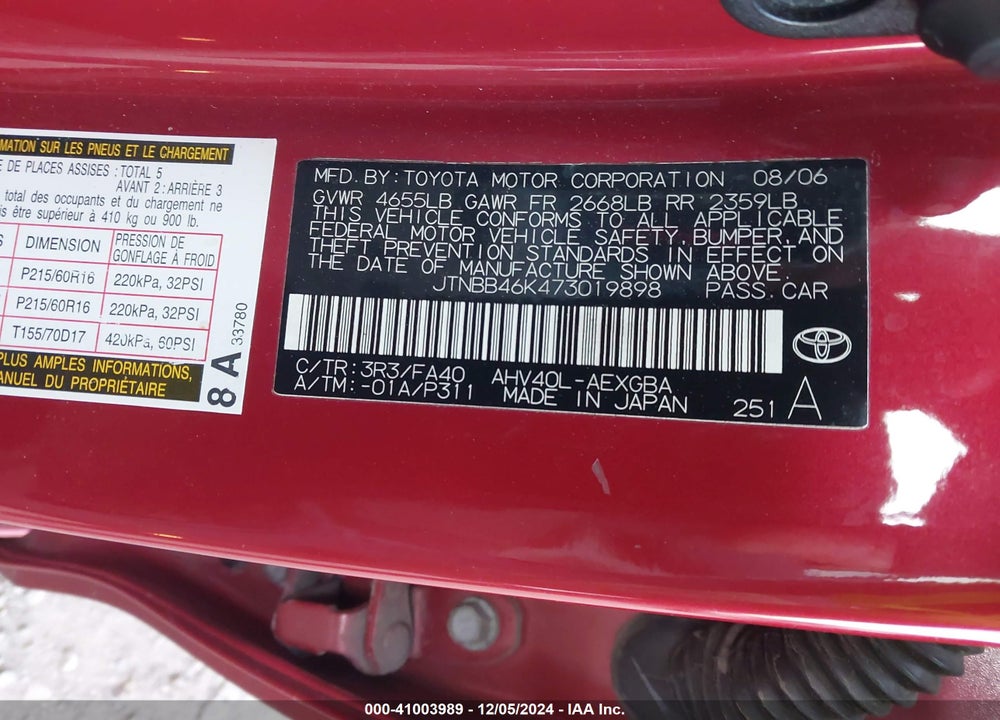 2007 TOYOTA CAMRY HYBRID VIN: JTNBB46K473019898
