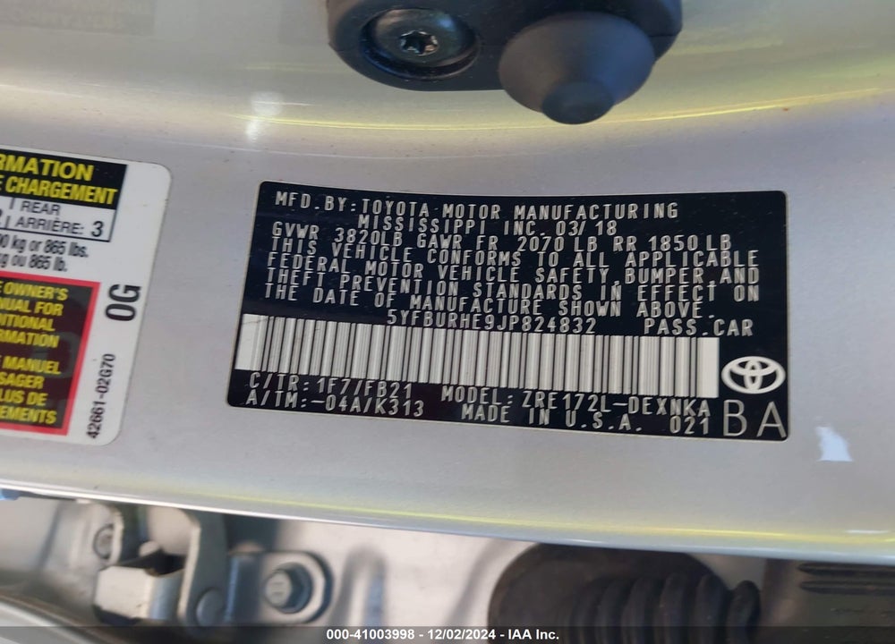 2018 TOYOTA COROLLA LE VIN: 5YFBURHE9JP824832