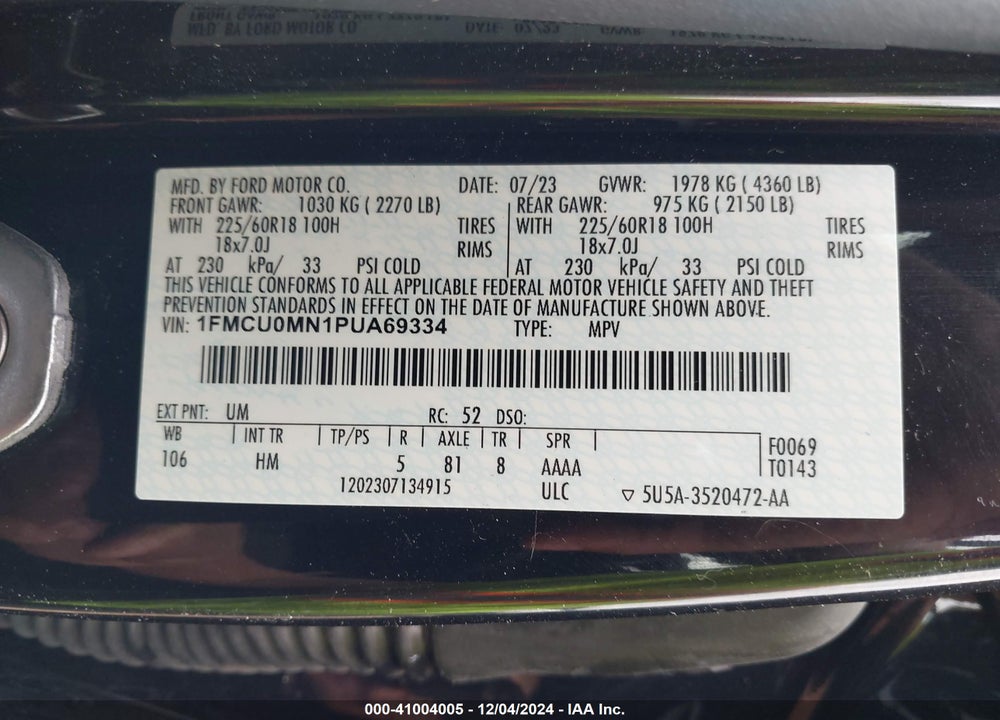 2023 FORD ESCAPE ST LINE VIN: 1FMCU0MN1PUA69334