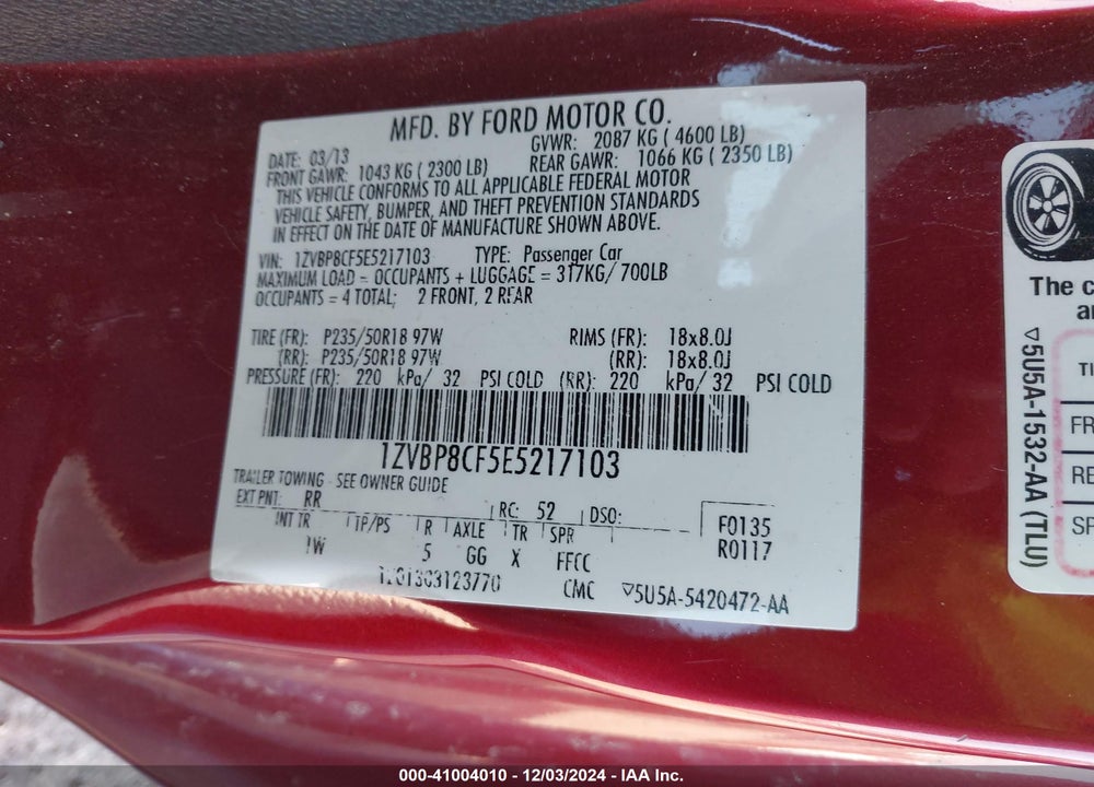 2014 FORD MUSTANG GT VIN: 1ZVBP8CF5E5217103