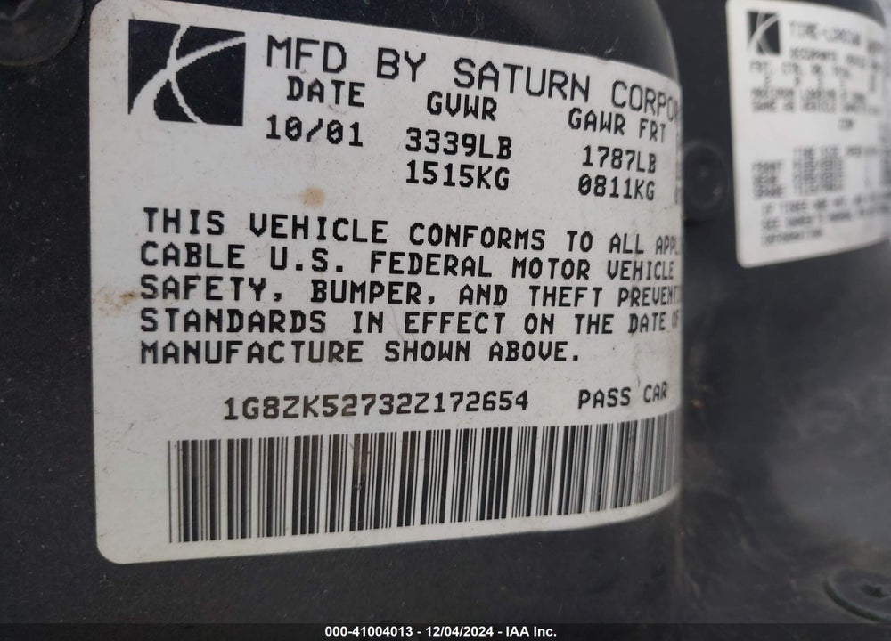 2002 SATURN S-SERIES SL2 VIN: 1G8ZK52732Z172654