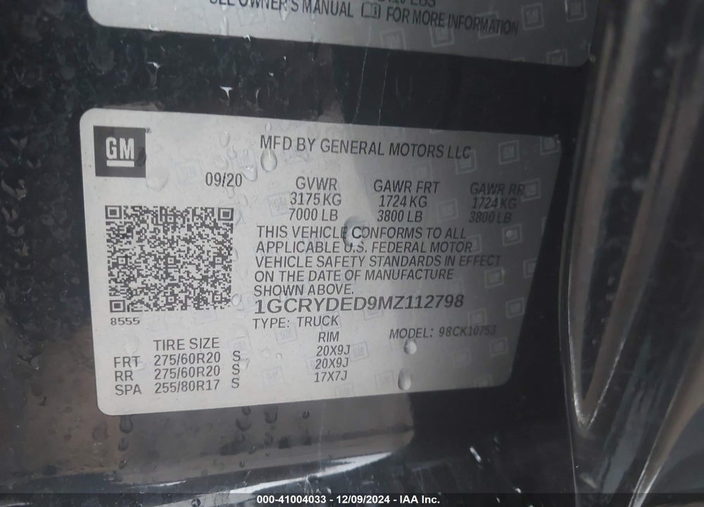 2021 CHEVROLET SILVERADO 1500 4WD STANDARD BED LT VIN: 1GCRYDED9MZ112798