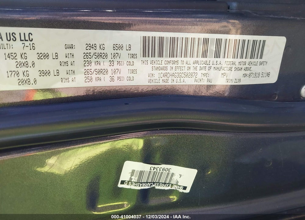 2016 DODGE DURANGO SXT VIN: 1C4RDHAG3GC502872