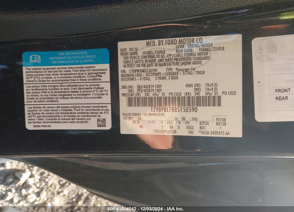 2011 FORD MUSTANG GT PREMIUM VIN: 1ZVBP8CF8B5150590