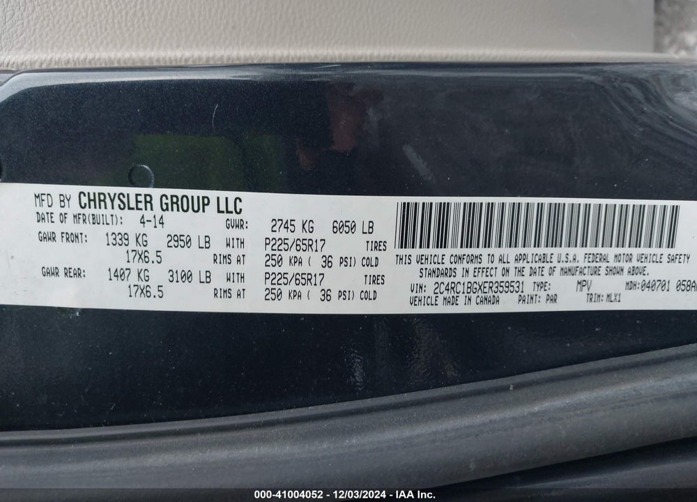2014 CHRYSLER TOWN & COUNTRY TOURING VIN: 2C4RC1BGXER359531