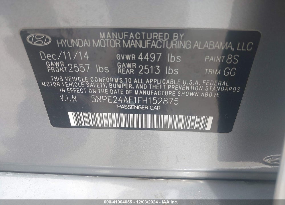 2015 HYUNDAI SONATA SE VIN: 5NPE24AF1FH152875