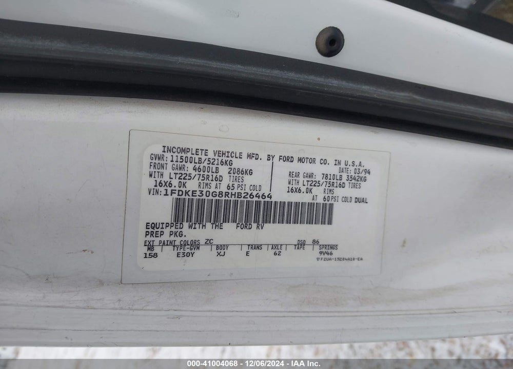 1994 FORD ECONOLINE E350 CUTAWAY VAN VIN: 1FDKE30G8RHB26464