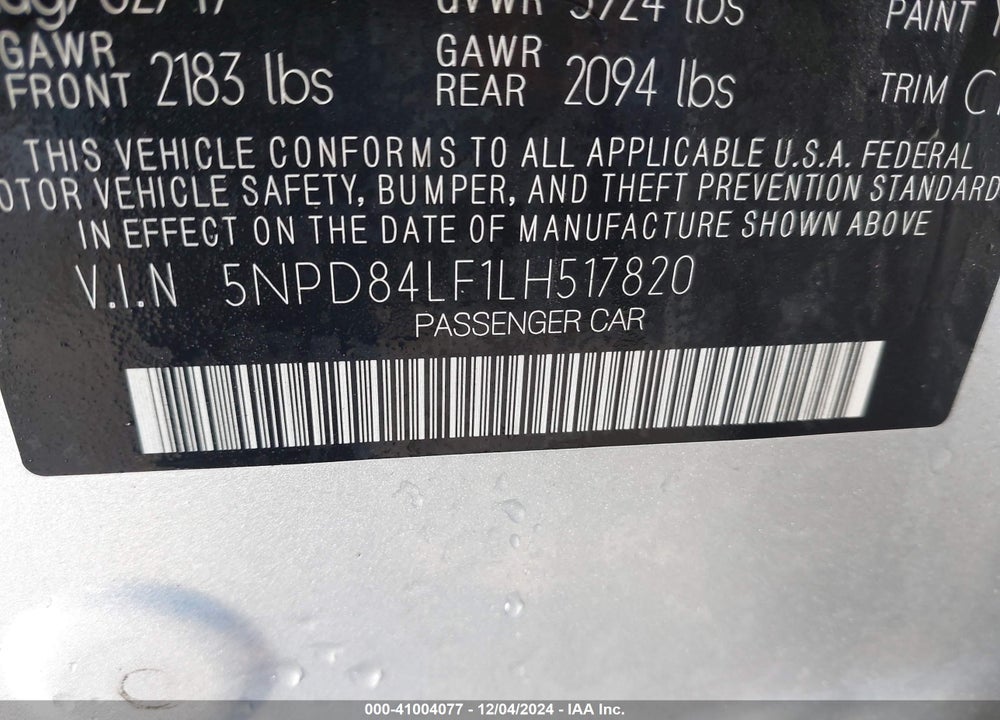 2020 HYUNDAI ELANTRA LIMITED VIN: 5NPD84LF1LH517820