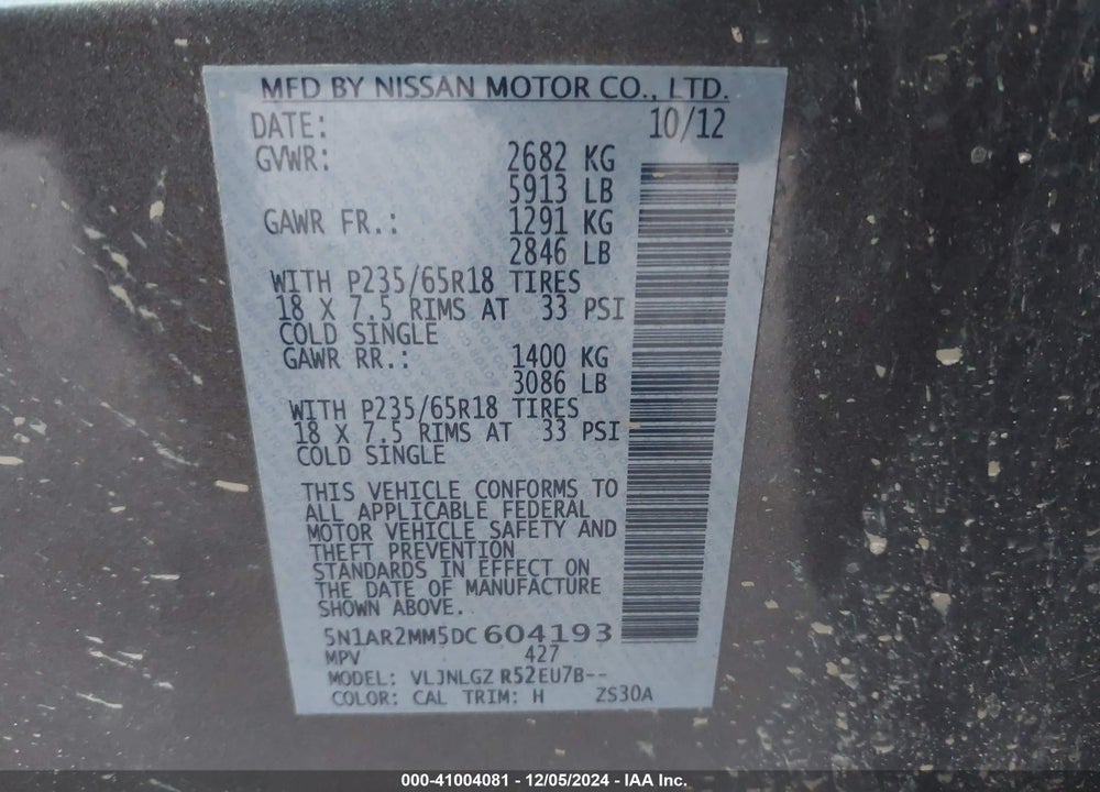 2013 NISSAN PATHFINDER SL VIN: 5N1AR2MM5DC604193