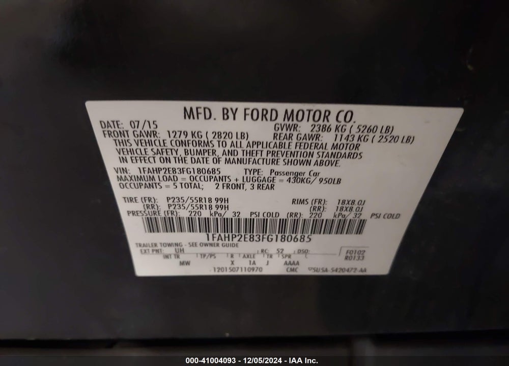2015 FORD TAURUS SEL VIN: 1FAHP2E83FG180685