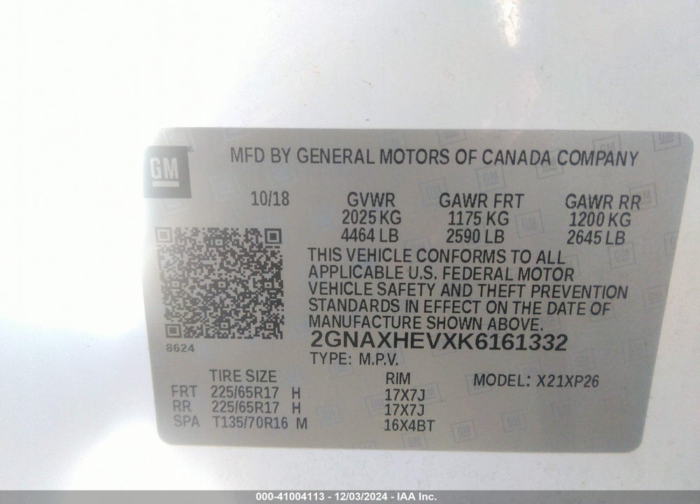 2019 CHEVROLET EQUINOX LS VIN: 2GNAXHEVXK6161332