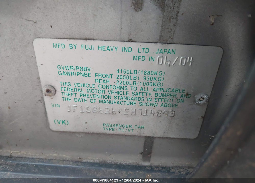 2005 SUBARU FORESTER 2.5X VIN: JF1SG63695H714893