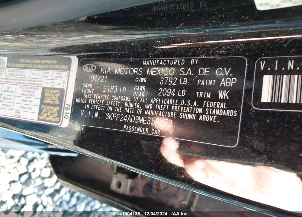 2021 KIA FORTE VIN: 3KPF24AD9ME358773