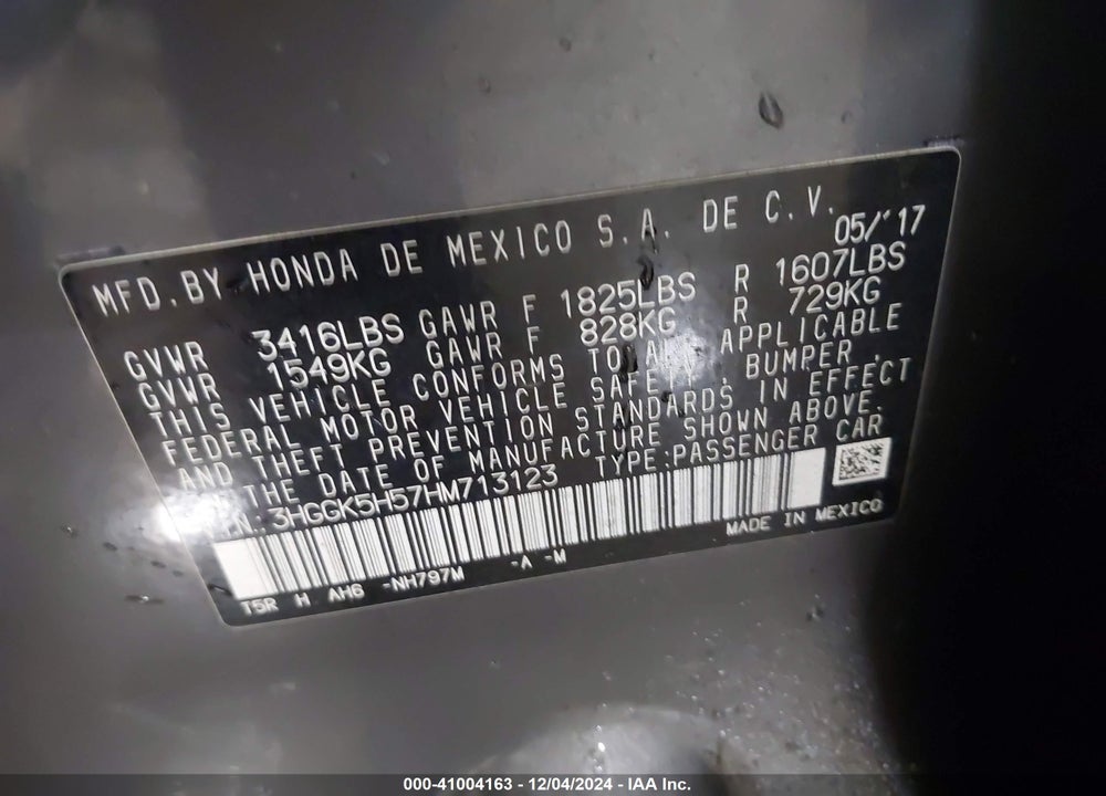 2017 HONDA FIT LX VIN: 3HGGK5H57HM713123