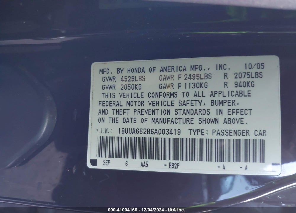 2006 ACURA TL VIN: 19UUA66286A003419