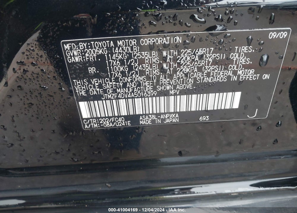 2010 TOYOTA RAV4 VIN: JTMZF4DV4A5016399