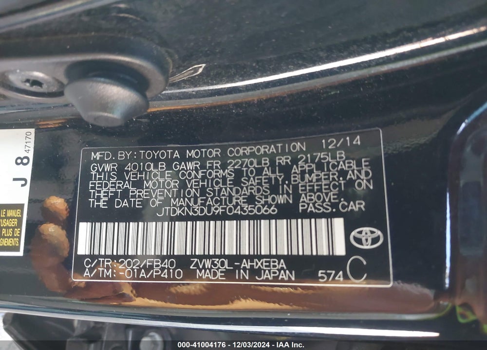 2015 TOYOTA PRIUS VIN: JTDKN3DU9F0435066