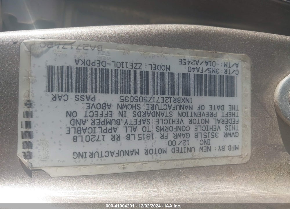 2001 TOYOTA COROLLA LE VIN: 1NXBR12E71Z505035