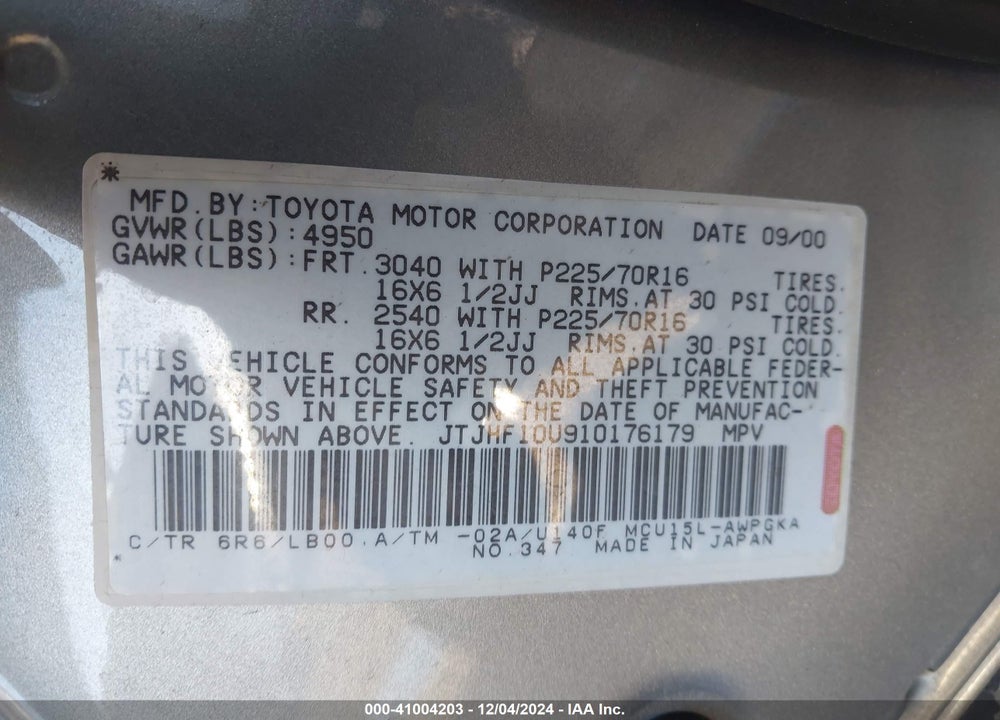 2001 LEXUS RX 300 VIN: JTJHF10U910176179