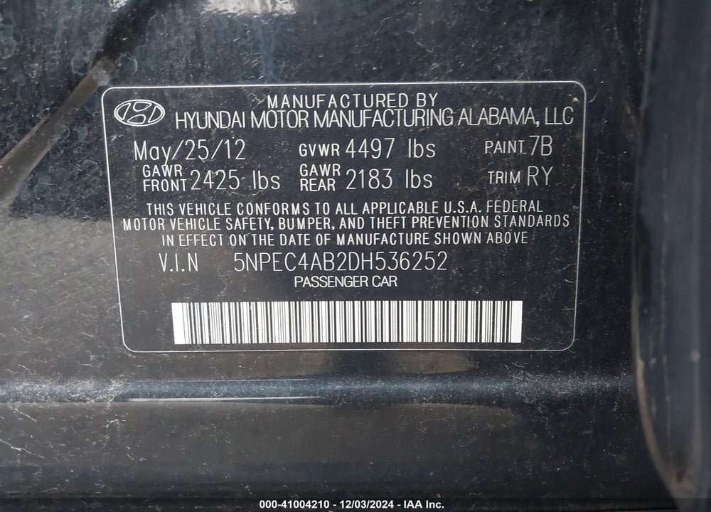 2013 HYUNDAI SONATA SE 2.0T VIN: 5NPEC4AB2DH536252