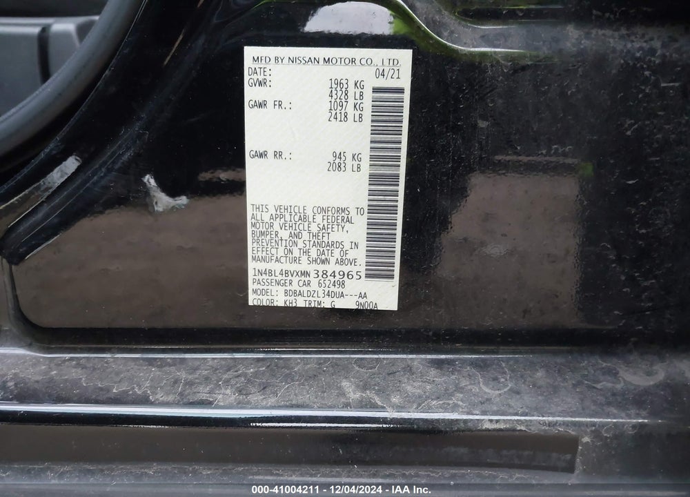 2021 NISSAN ALTIMA S FWD VIN: 1N4BL4BVXMN384965