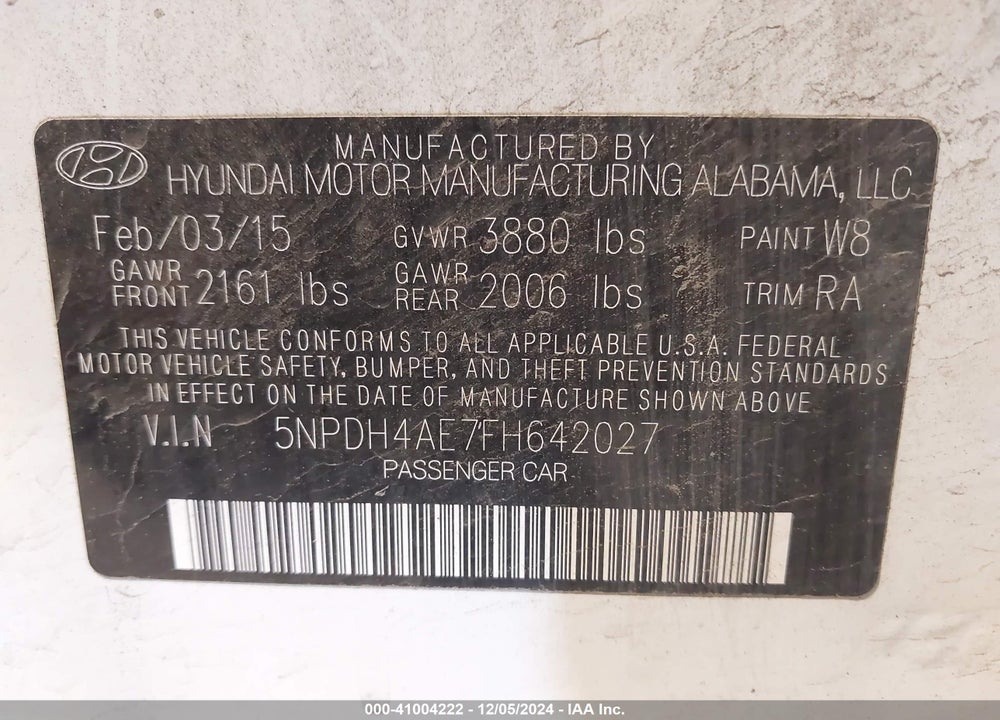 2015 HYUNDAI ELANTRA VIN: 5NPDH4AE7FH642027