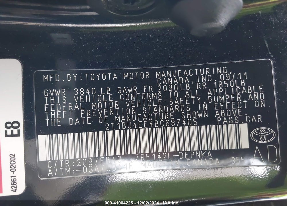2011 TOYOTA COROLLA LE VIN: 2T1BU4EE4BC687405