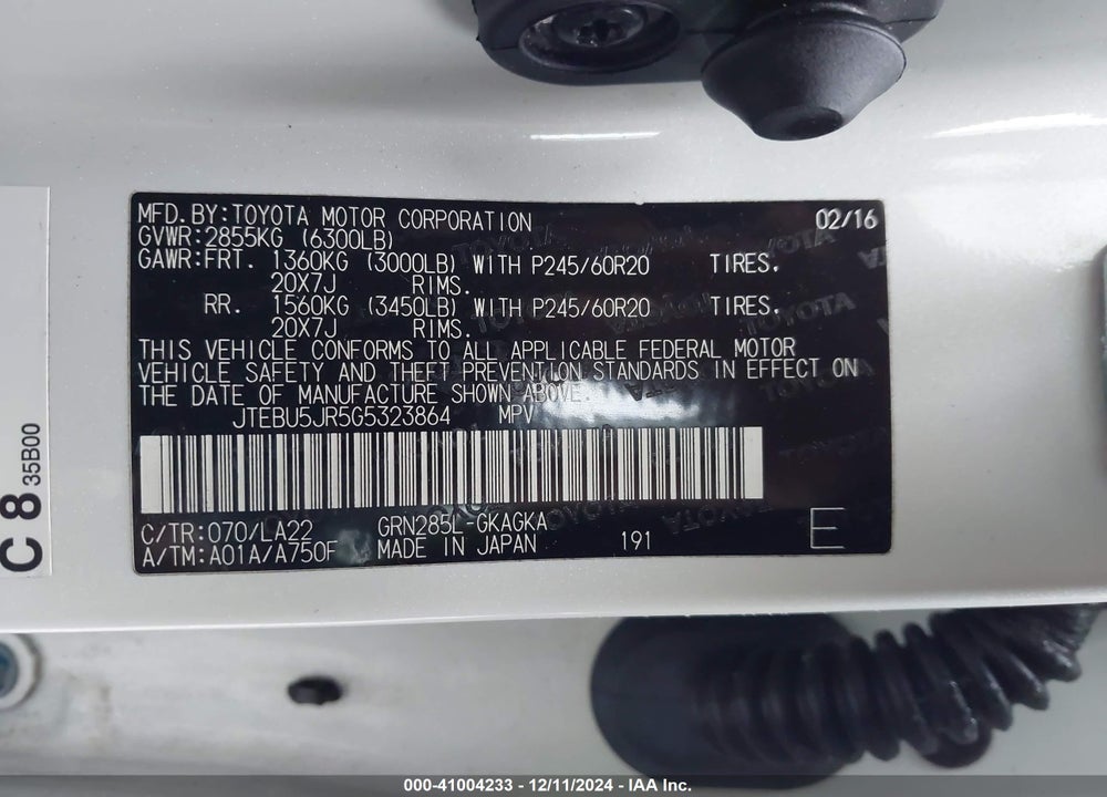 2016 TOYOTA 4RUNNER LIMITED VIN: JTEBU5JR5G5323864