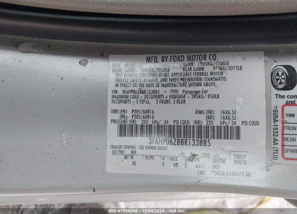 2008 FORD FUSION S VIN: 3FAHP06Z88R133885