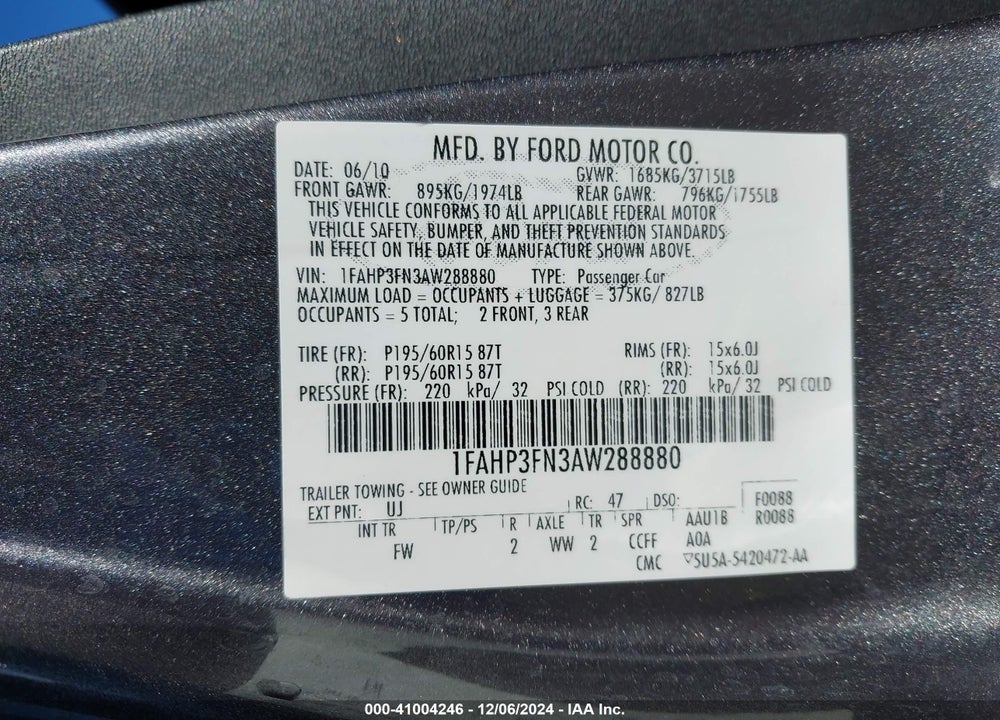 2010 FORD FOCUS SE VIN: 1FAHP3FN3AW288880